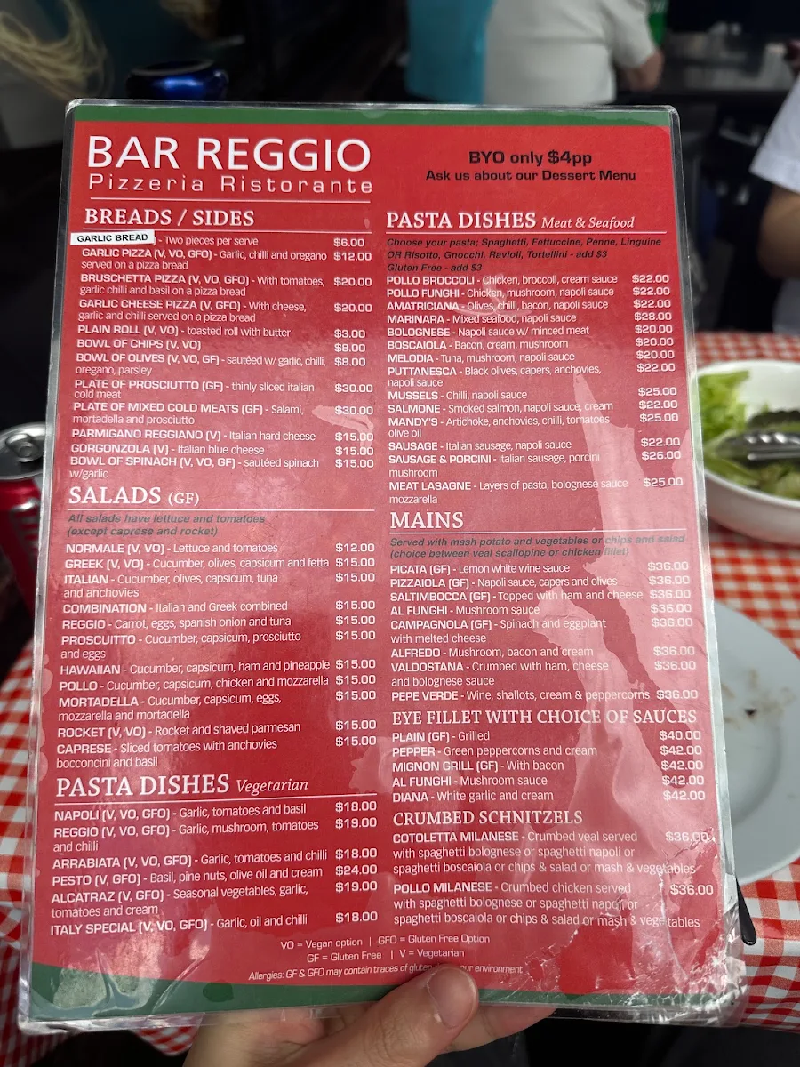 Menu, Bar Reggio
