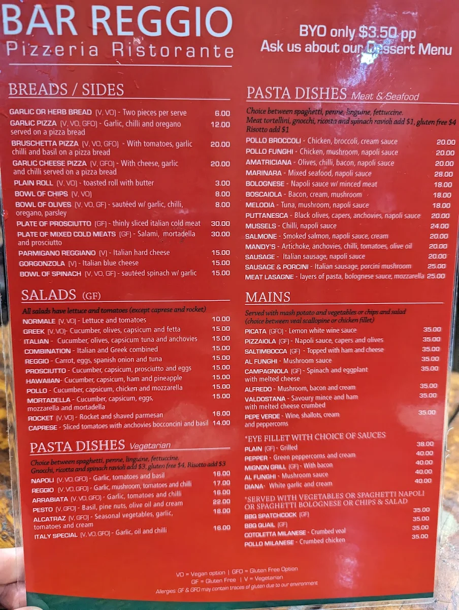 Menu, Bar Reggio