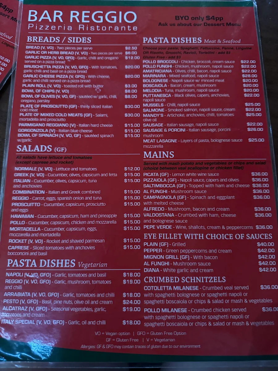 Menu, Bar Reggio