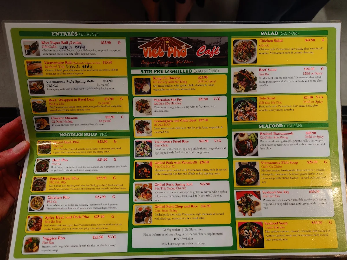 Menu, Viet Pho Cafe