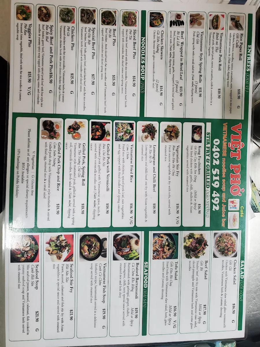 Menu, Viet Pho Cafe