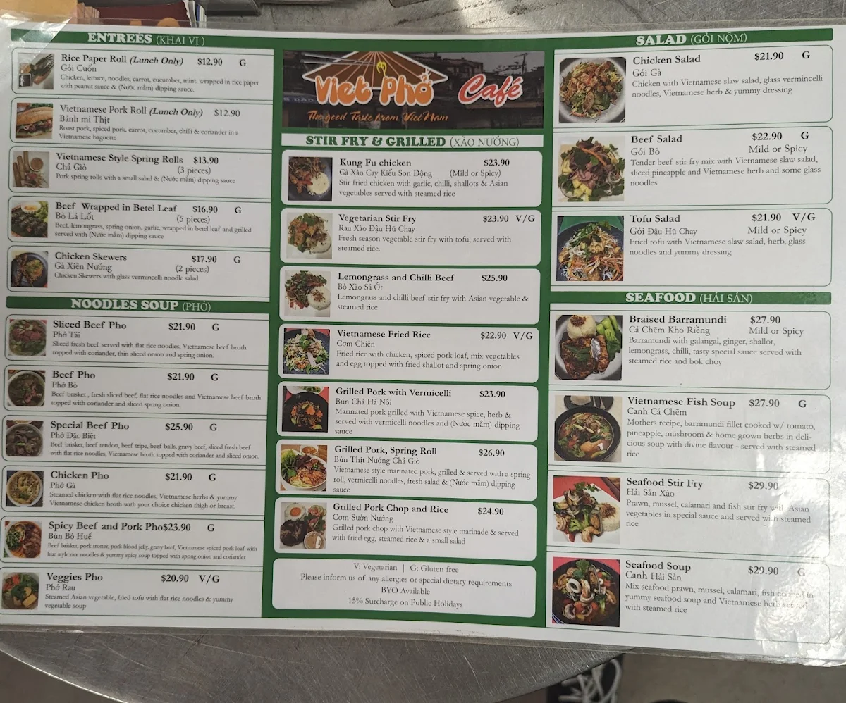 Menu, Viet Pho Cafe
