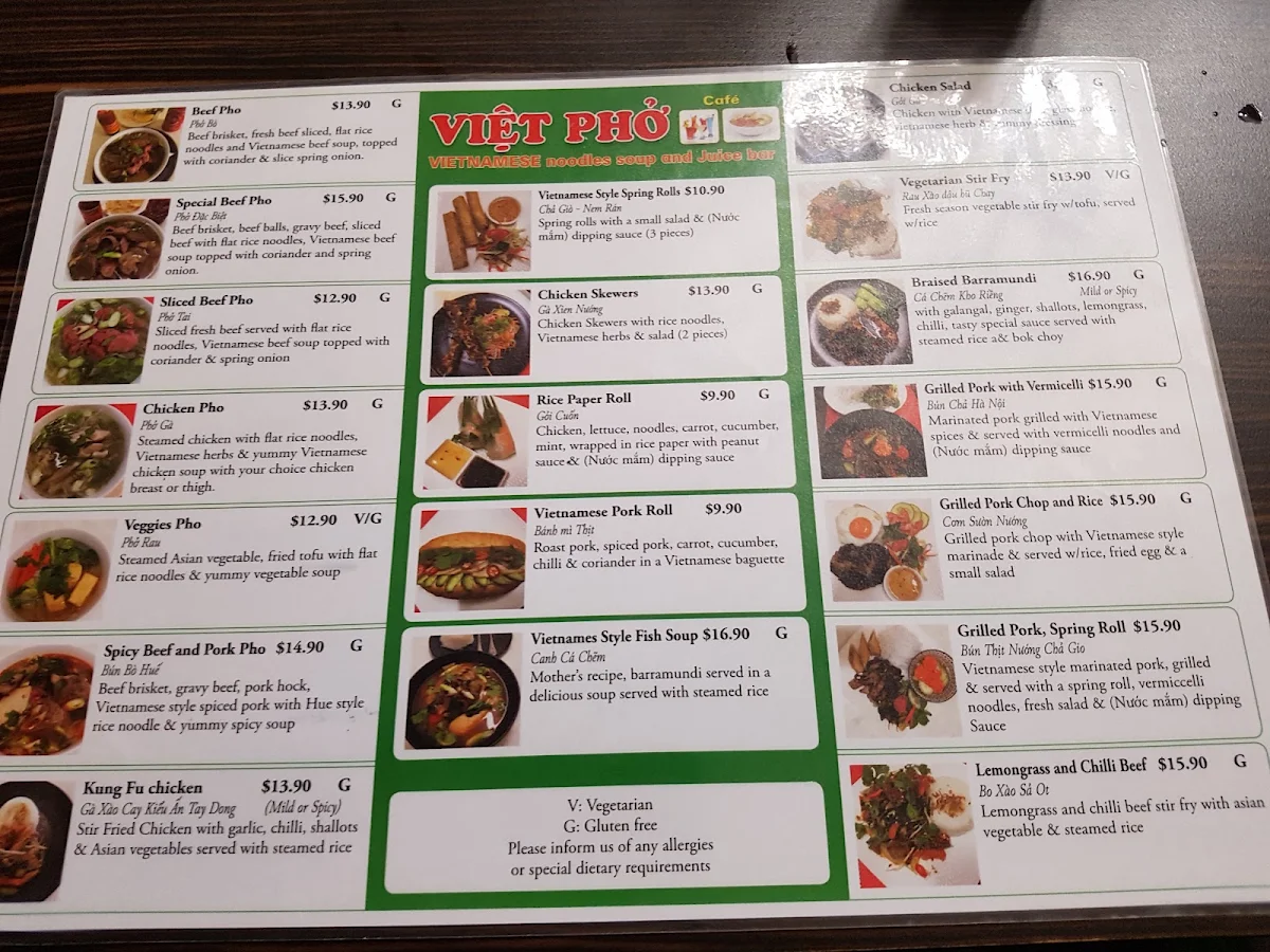 Menu, Viet Pho Cafe