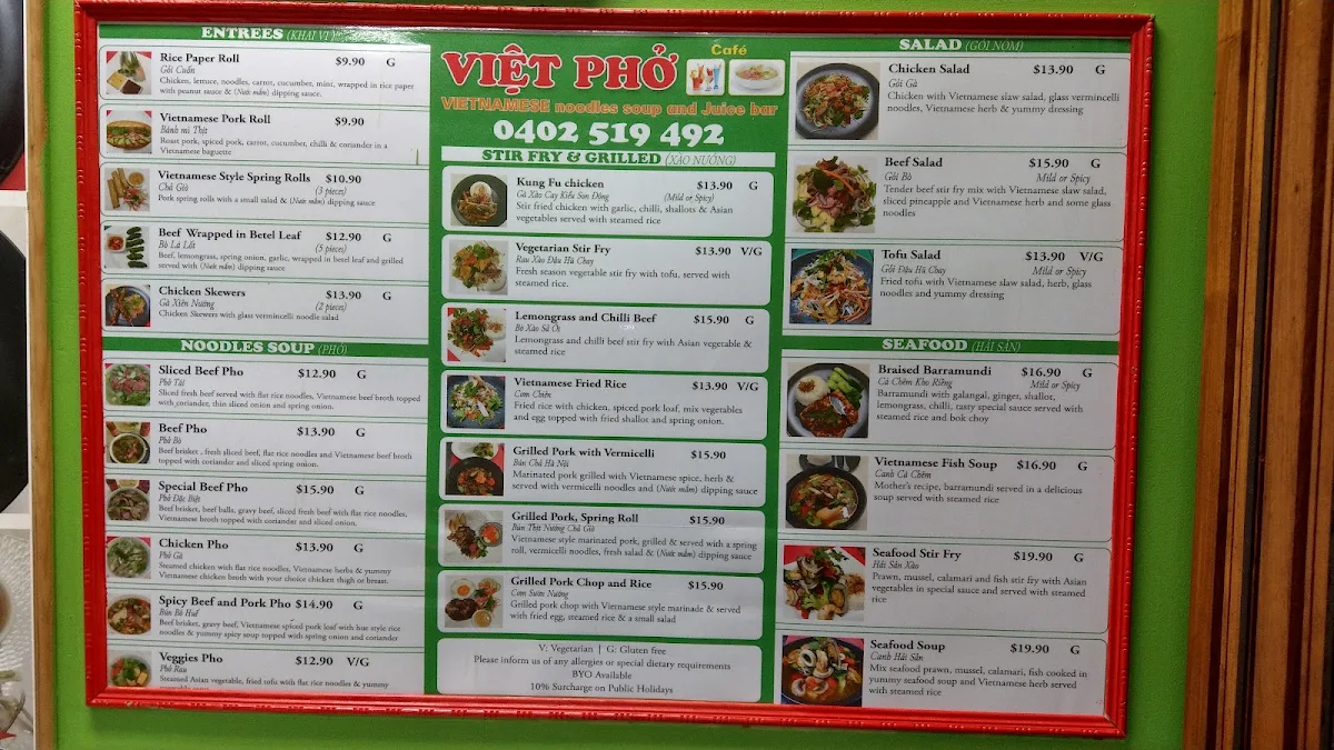 Menu, Viet Pho Cafe