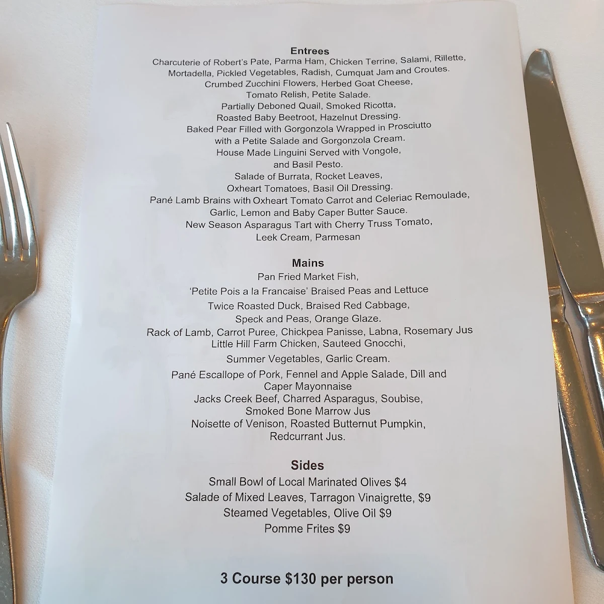 Menu, Bistro Molines