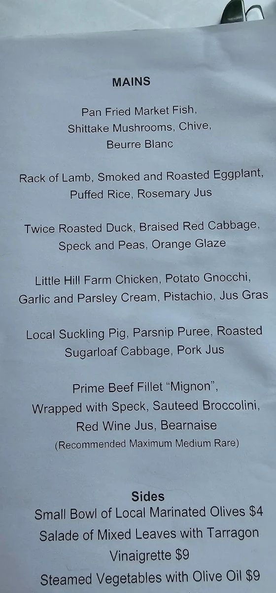 Menu, Bistro Molines