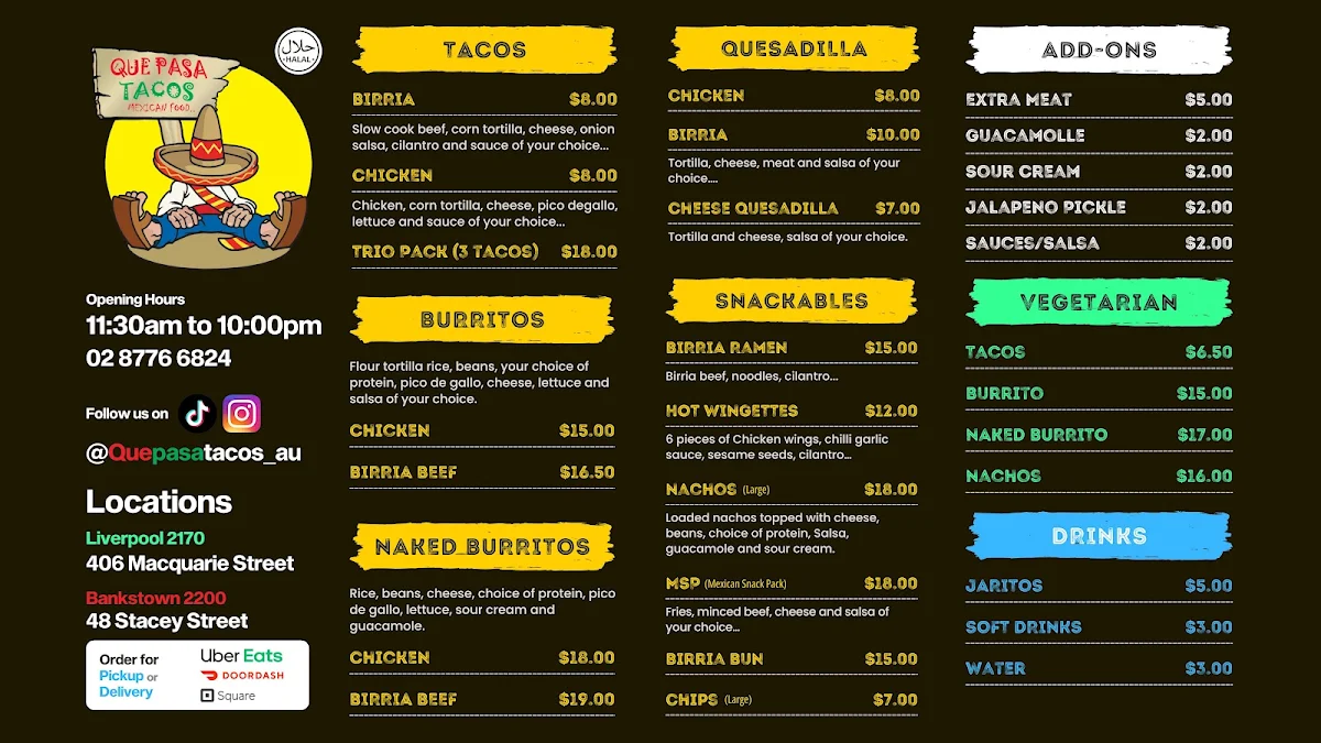 Menu, Que Pasa Tacos Ingleburn