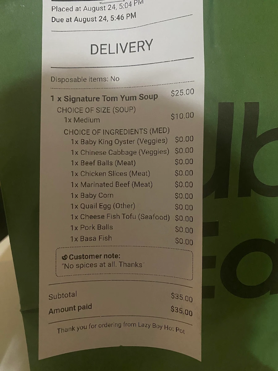 Menu, Lazy Boy Hot Pot