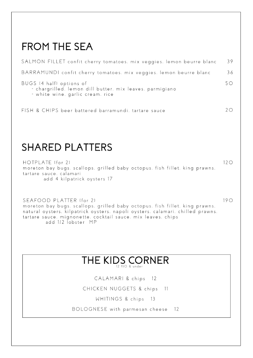 Menu, Yellowfin Seafood Restaurant