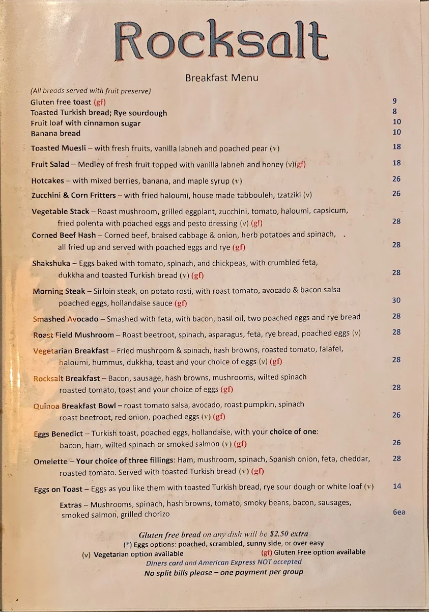 Menu, Rocksalt Restaurant