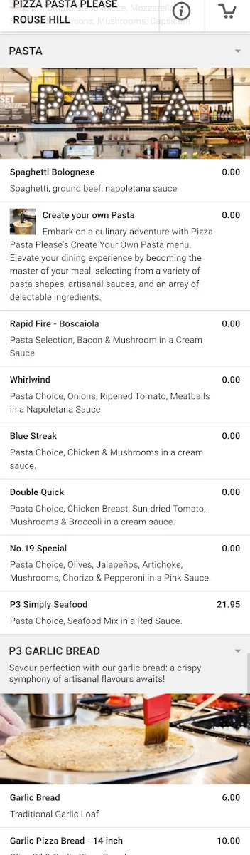 Menu, Pizza Pasta Please