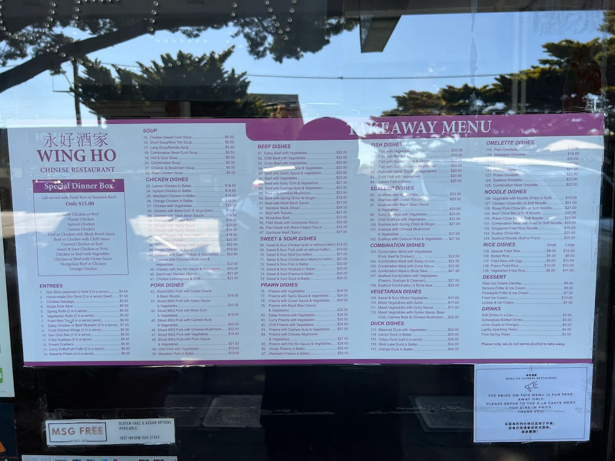 Menu, Wing Ho Chinese Restaurant