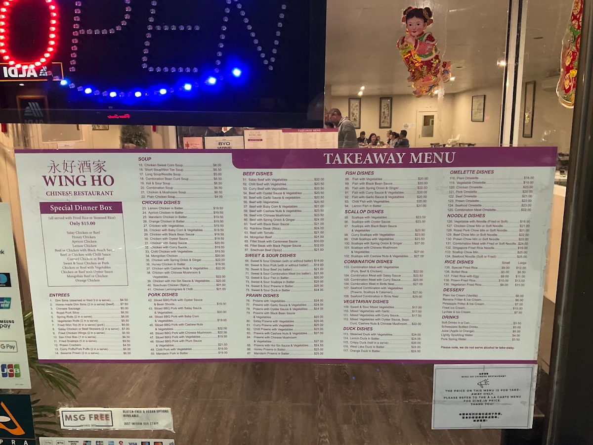 Menu, Wing Ho Chinese Restaurant