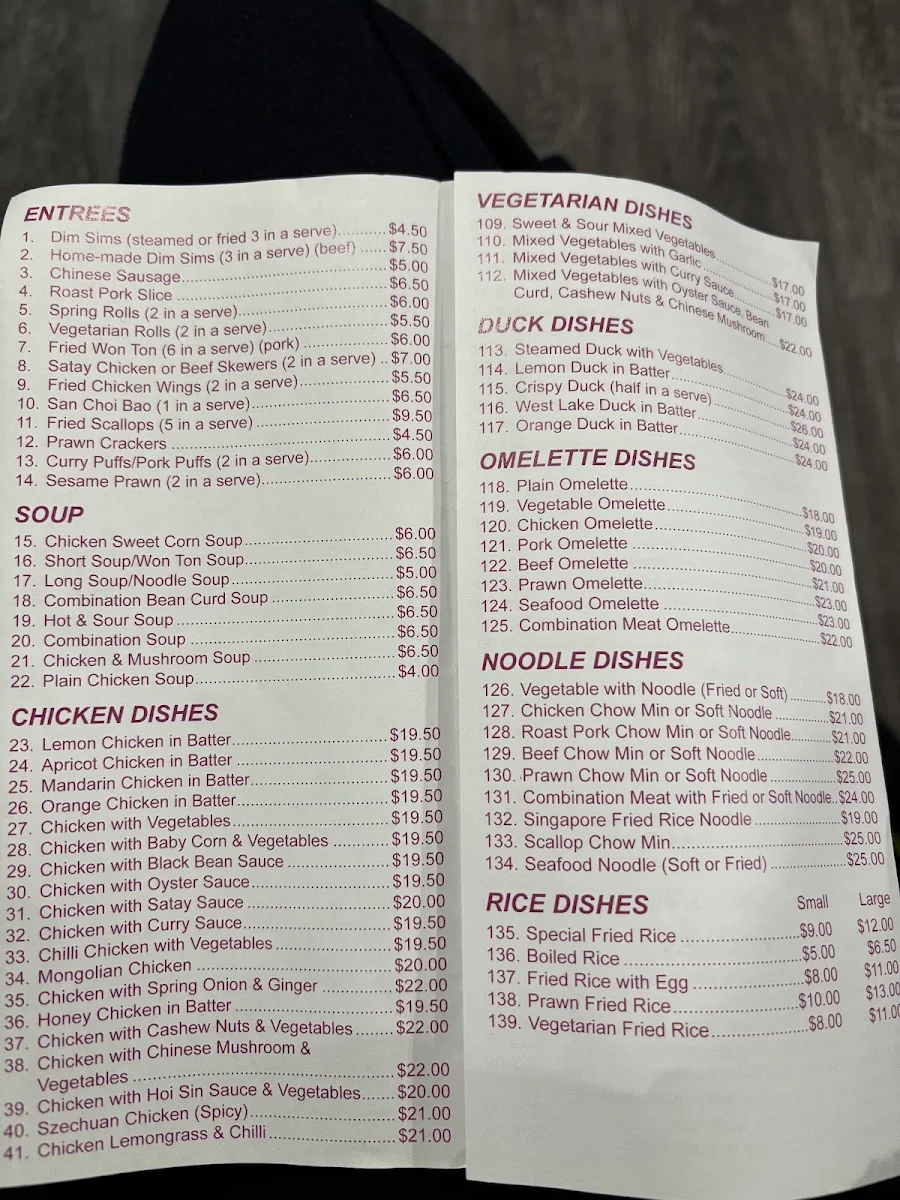 Menu, Wing Ho Chinese Restaurant