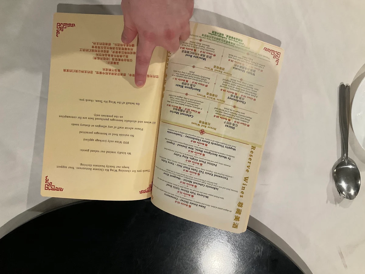 Menu, Wing Ho Chinese Restaurant