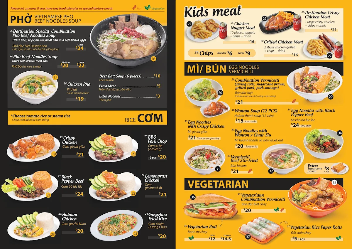 Menu, Destination Vietnamese Cuisine