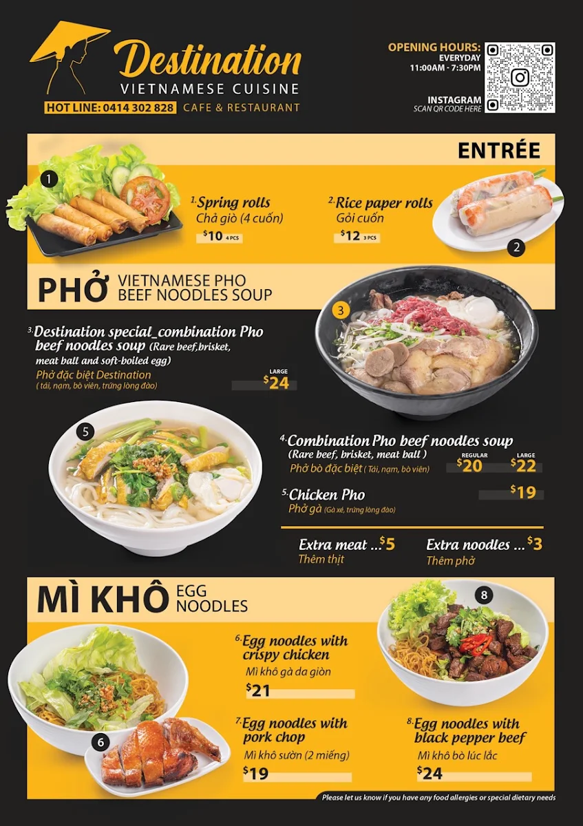 Menu, Destination Vietnamese Cuisine