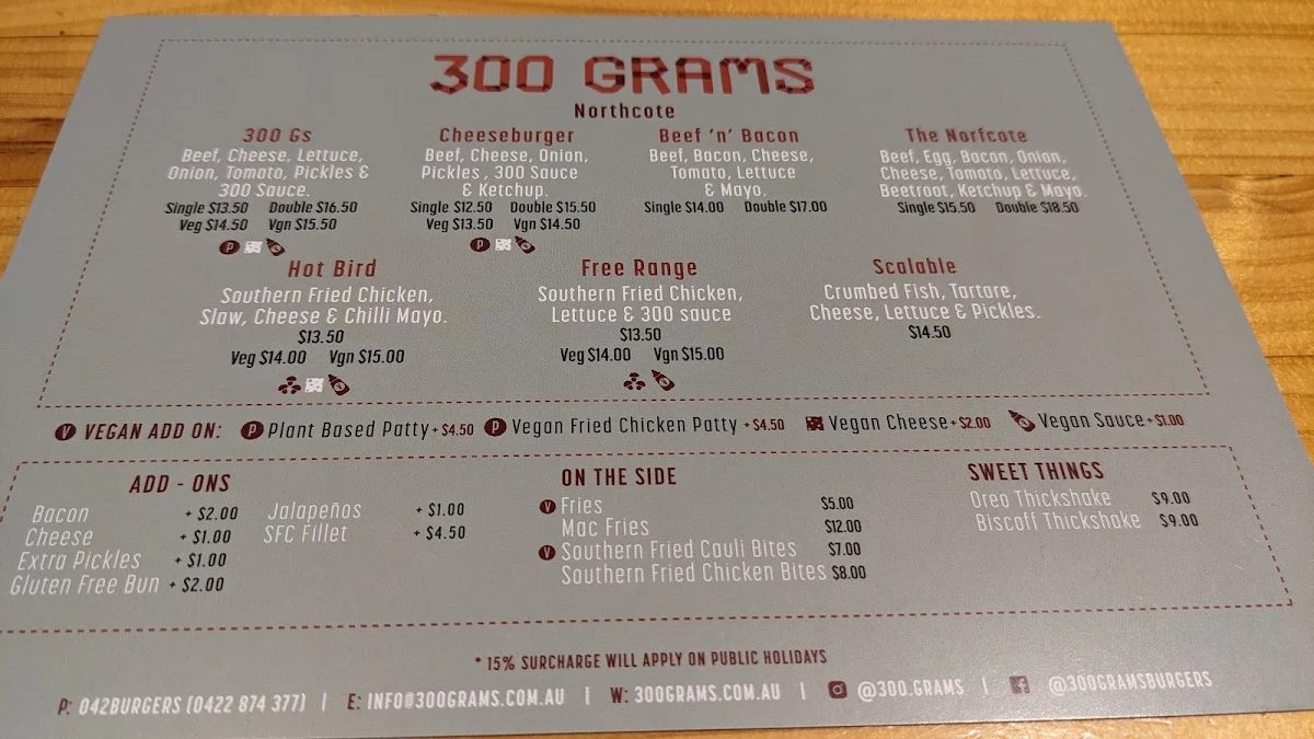 Menu, 300 Grams