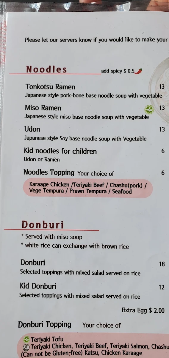 Menu, Rakuen Sushi