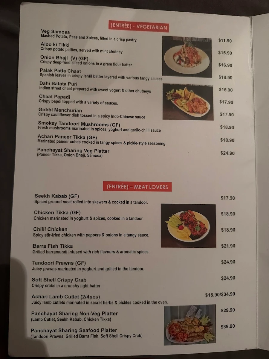 Menu, Panchayat Indian Restaurant