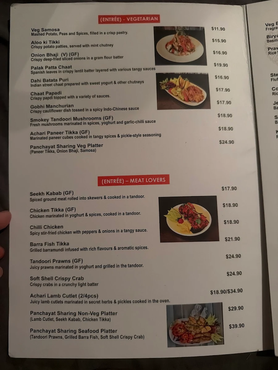 Menu, Panchayat Indian Restaurant