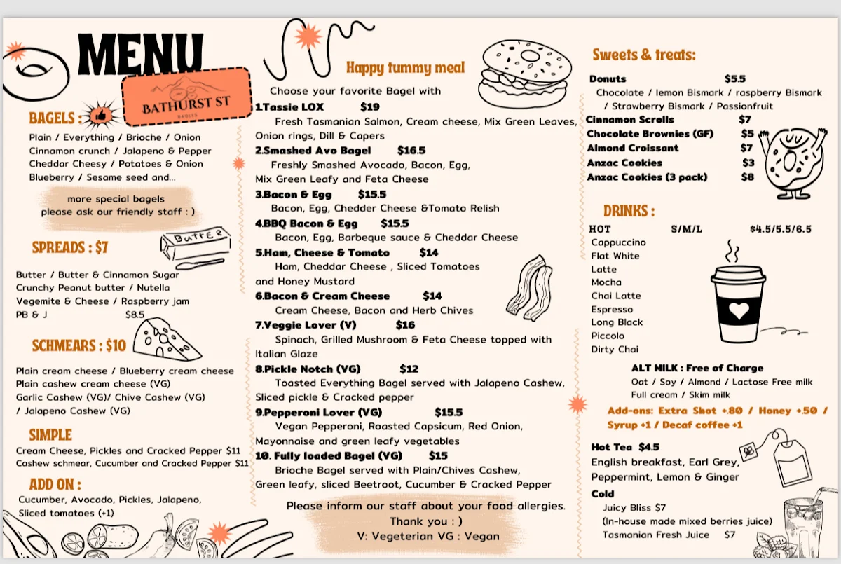 Menu, Bathurst St Bagels