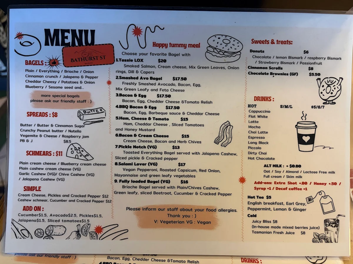 Menu, Bathurst St Bagels
