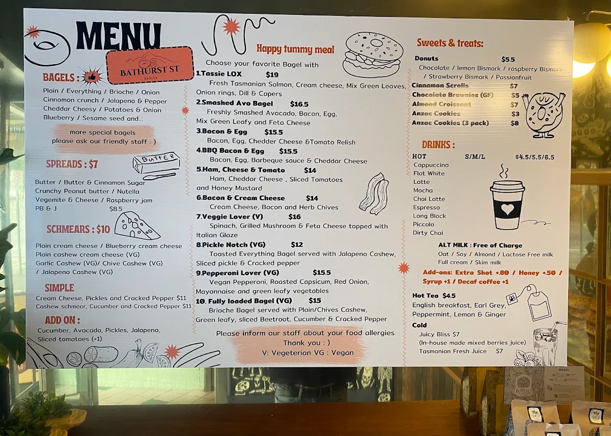 Menu, Bathurst St Bagels