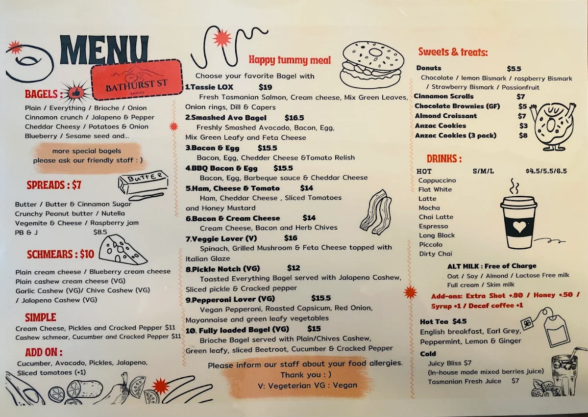 Menu, Bathurst St Bagels
