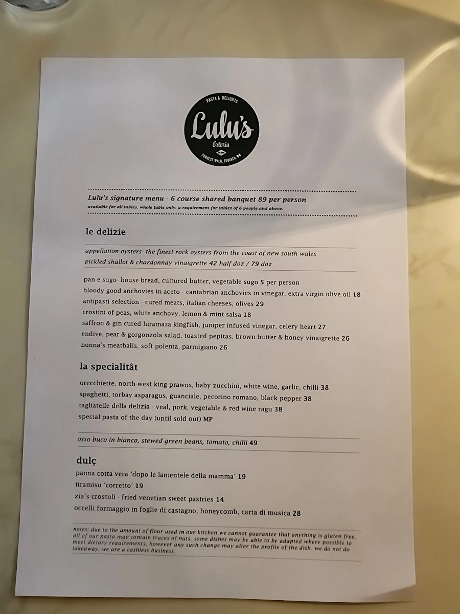 Menu, Lulu La Delizia