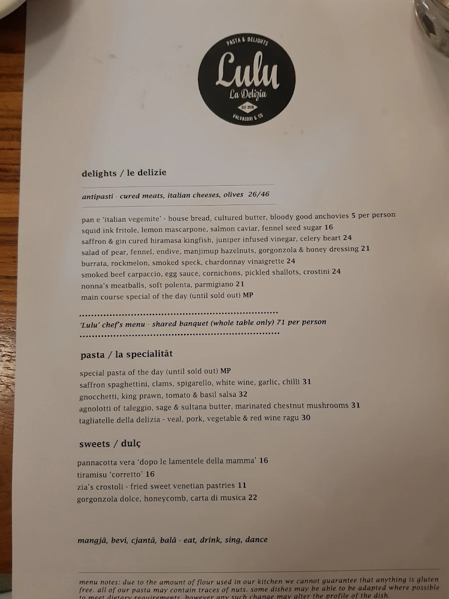 Menu, Lulu La Delizia