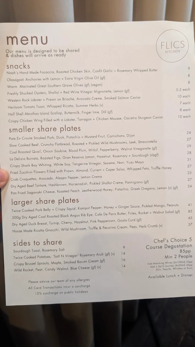Menu, Flics Kitchen