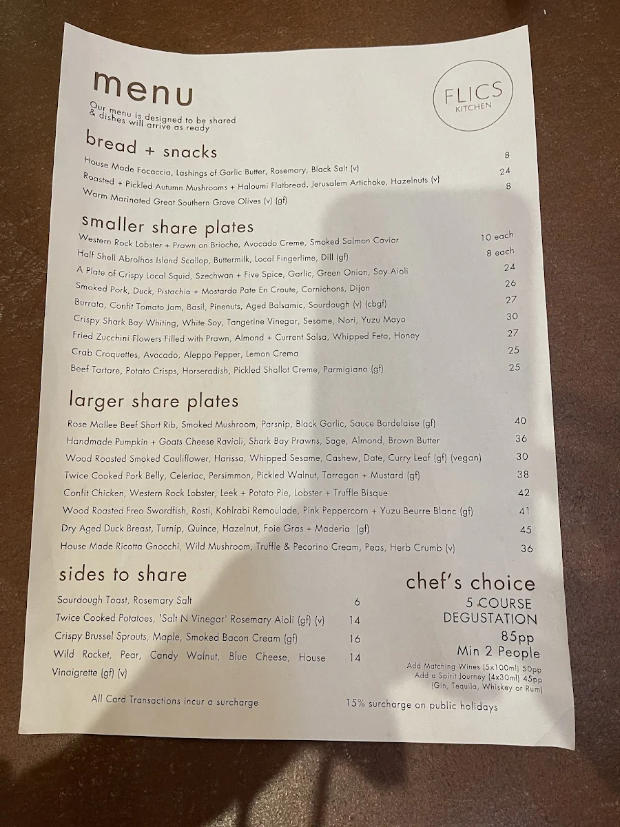 Menu, Flics Kitchen