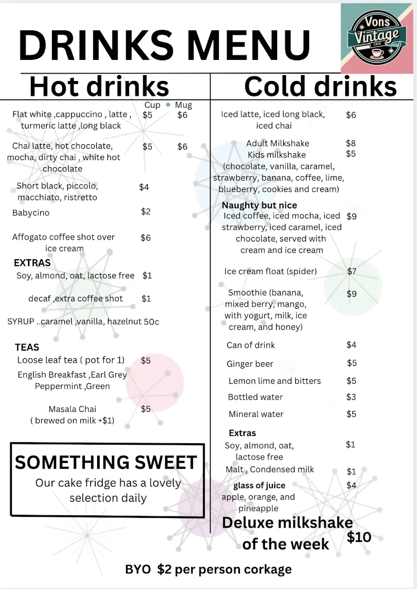 Menu, Vons vintage cafe