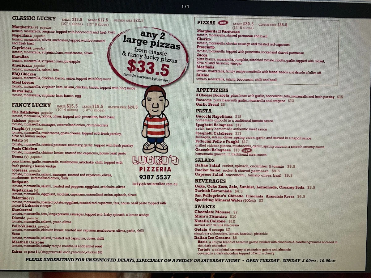 Menu, Lucky's Pizzeria