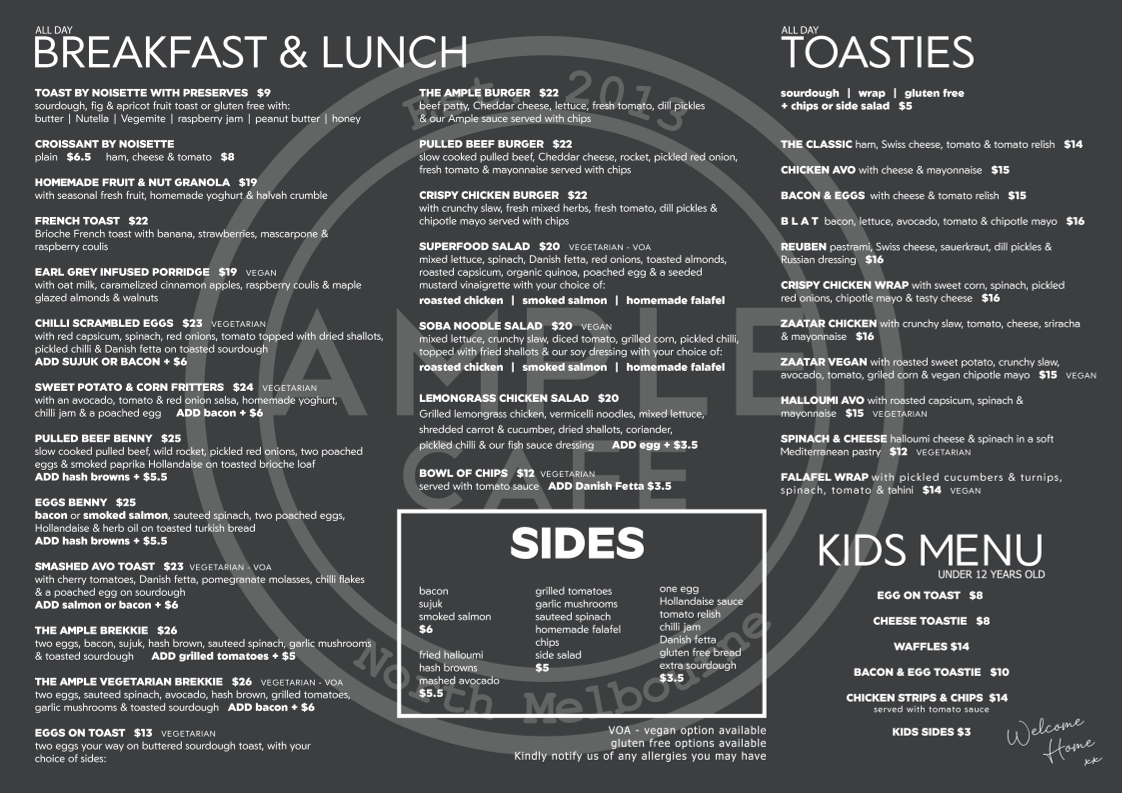 Menu, Ample Cafe & Bar