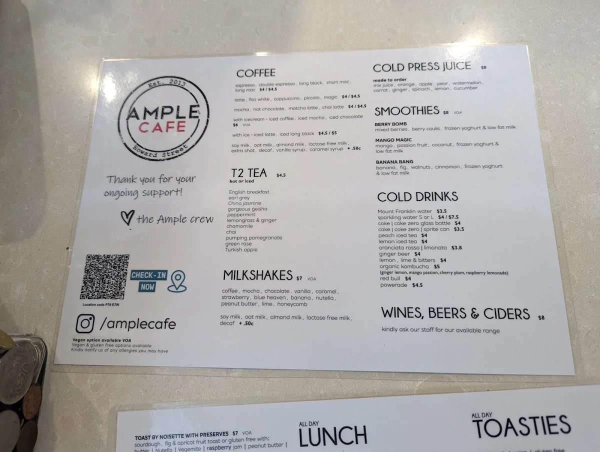 Menu, Ample Cafe & Bar