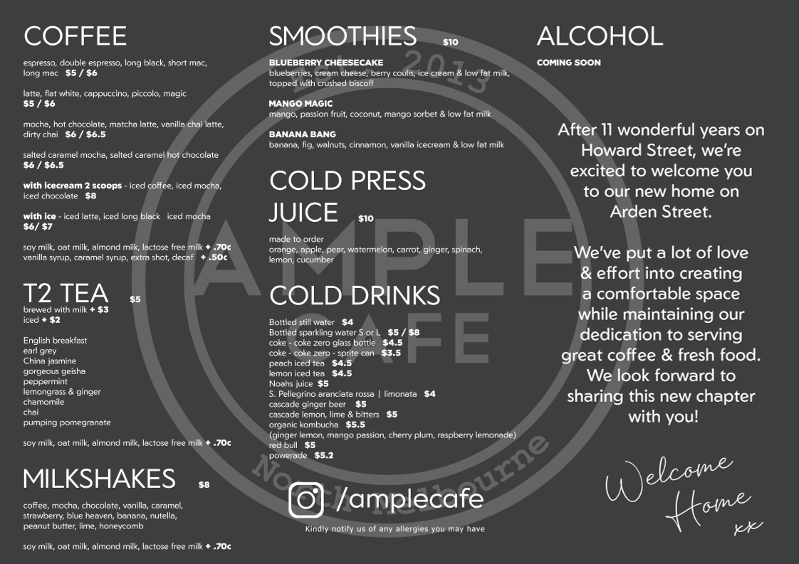 Menu, Ample Cafe & Bar