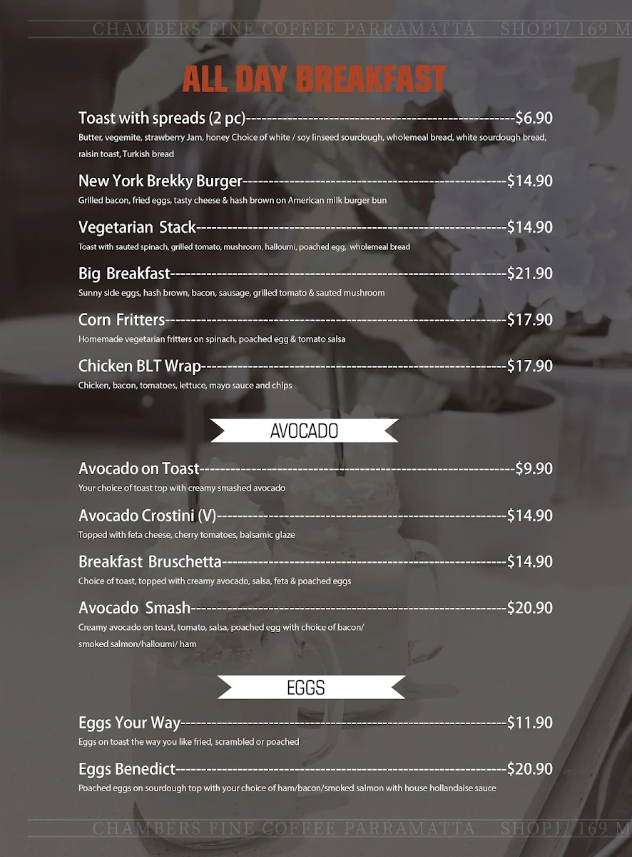 Menu, Chambers Coffee @ Parramatta Square
