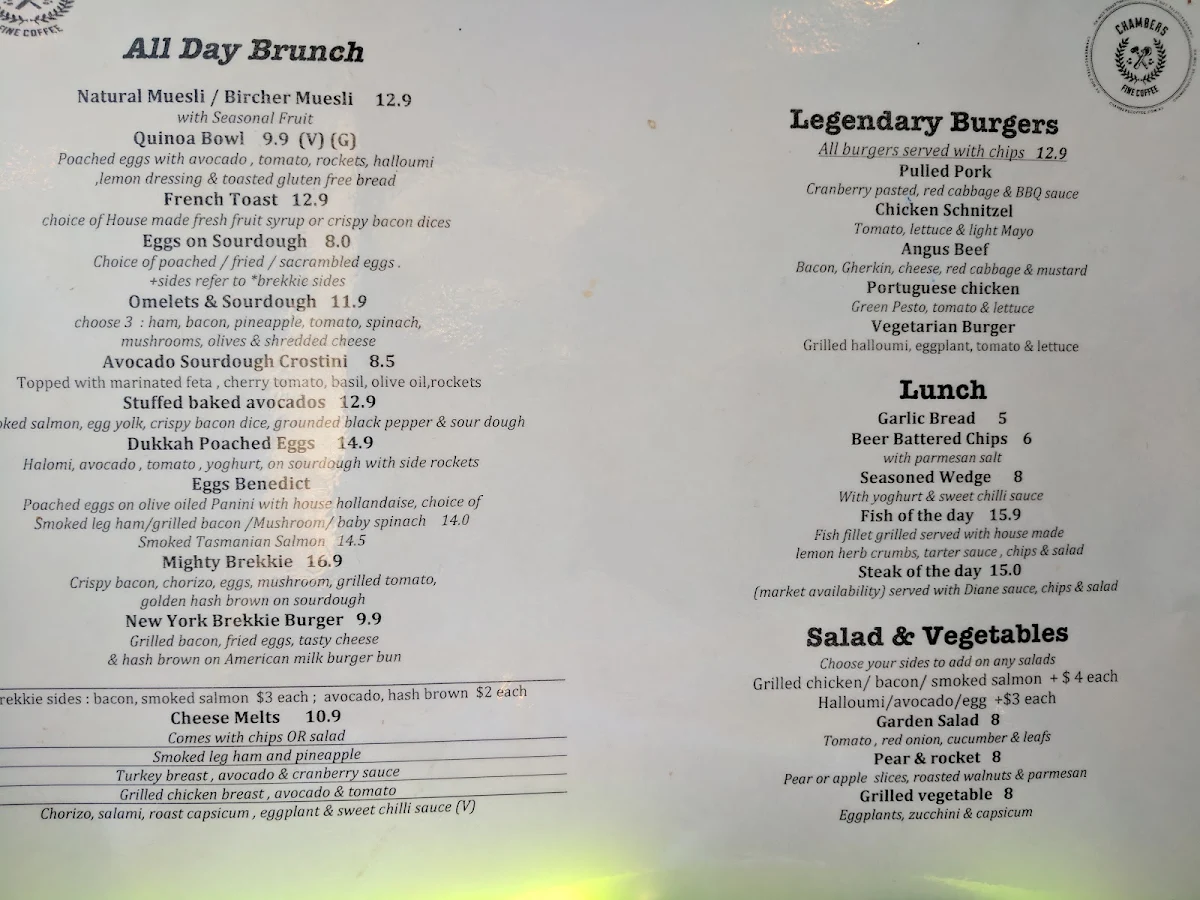 Menu, Chambers Coffee @ Parramatta Square
