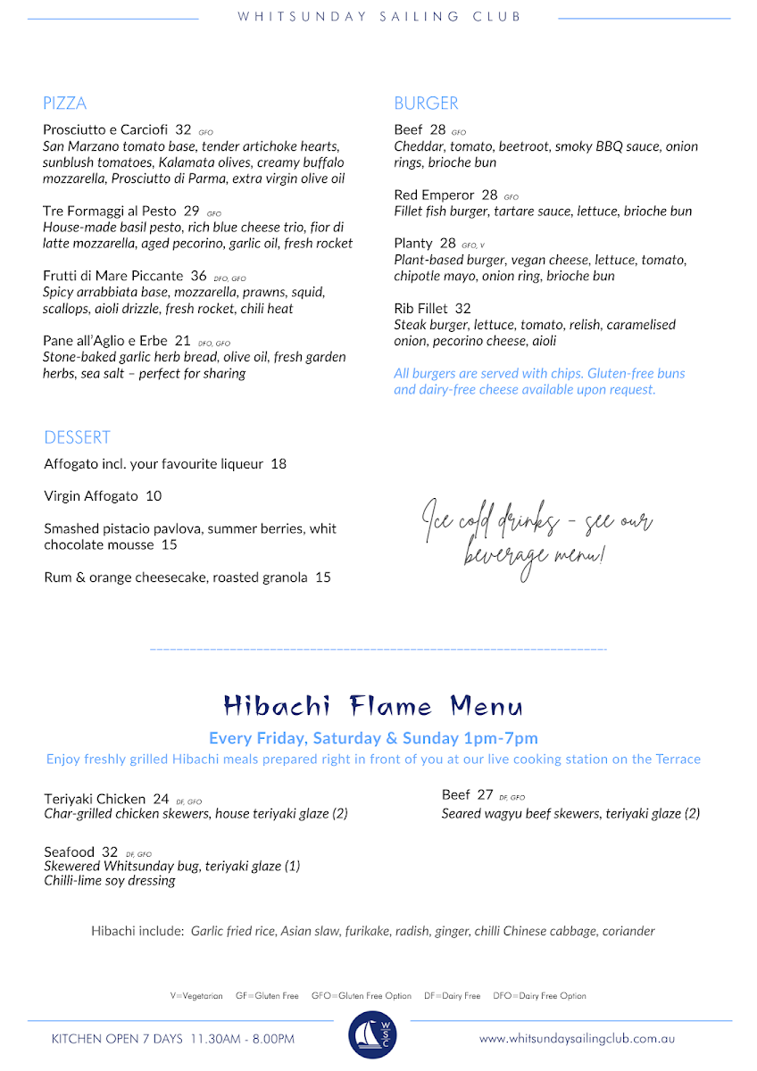 Menu, Whitsunday Sailing Club