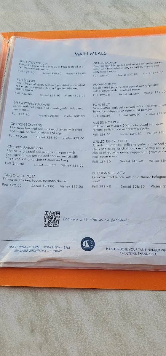 Menu, Whitsunday Sailing Club