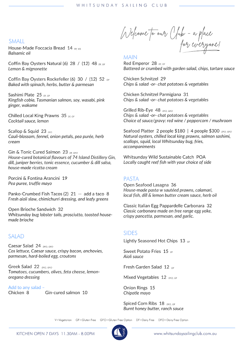 Menu, Whitsunday Sailing Club