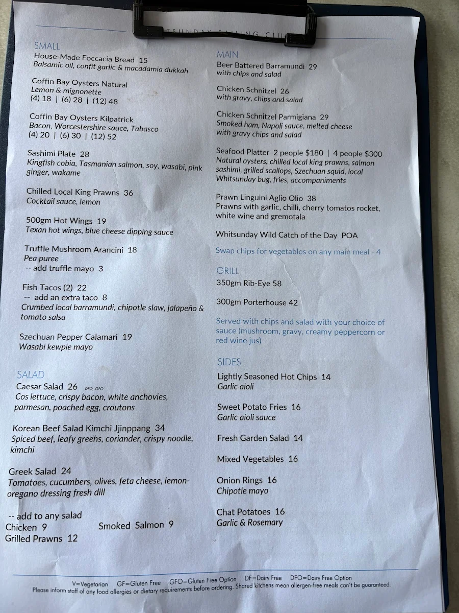 Menu, Whitsunday Sailing Club