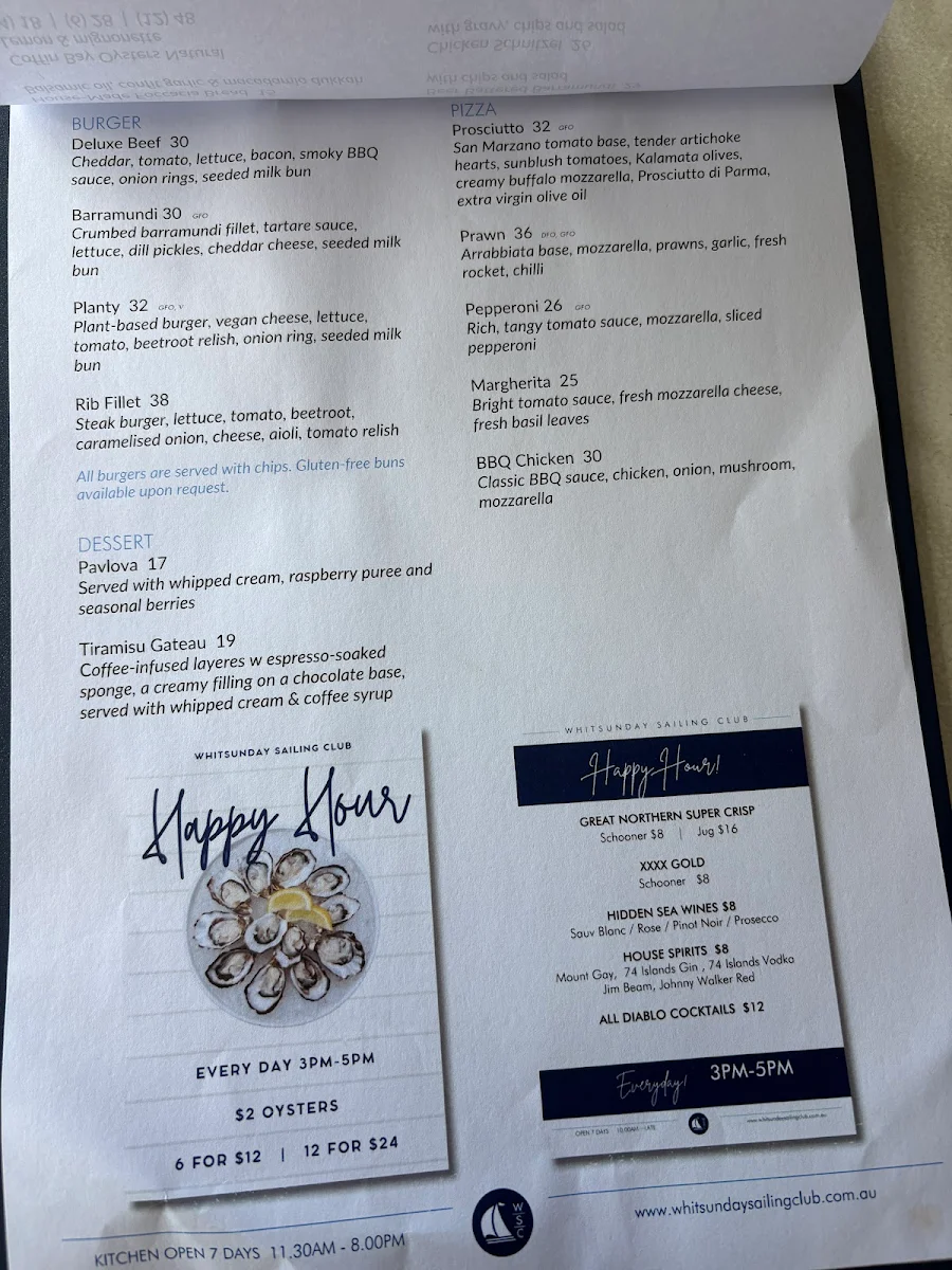 Menu, Whitsunday Sailing Club