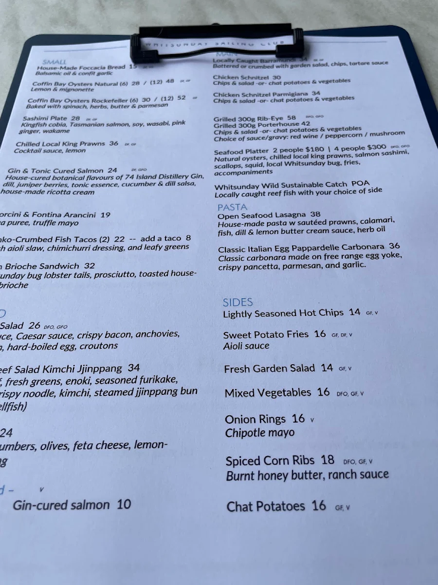 Menu, Whitsunday Sailing Club