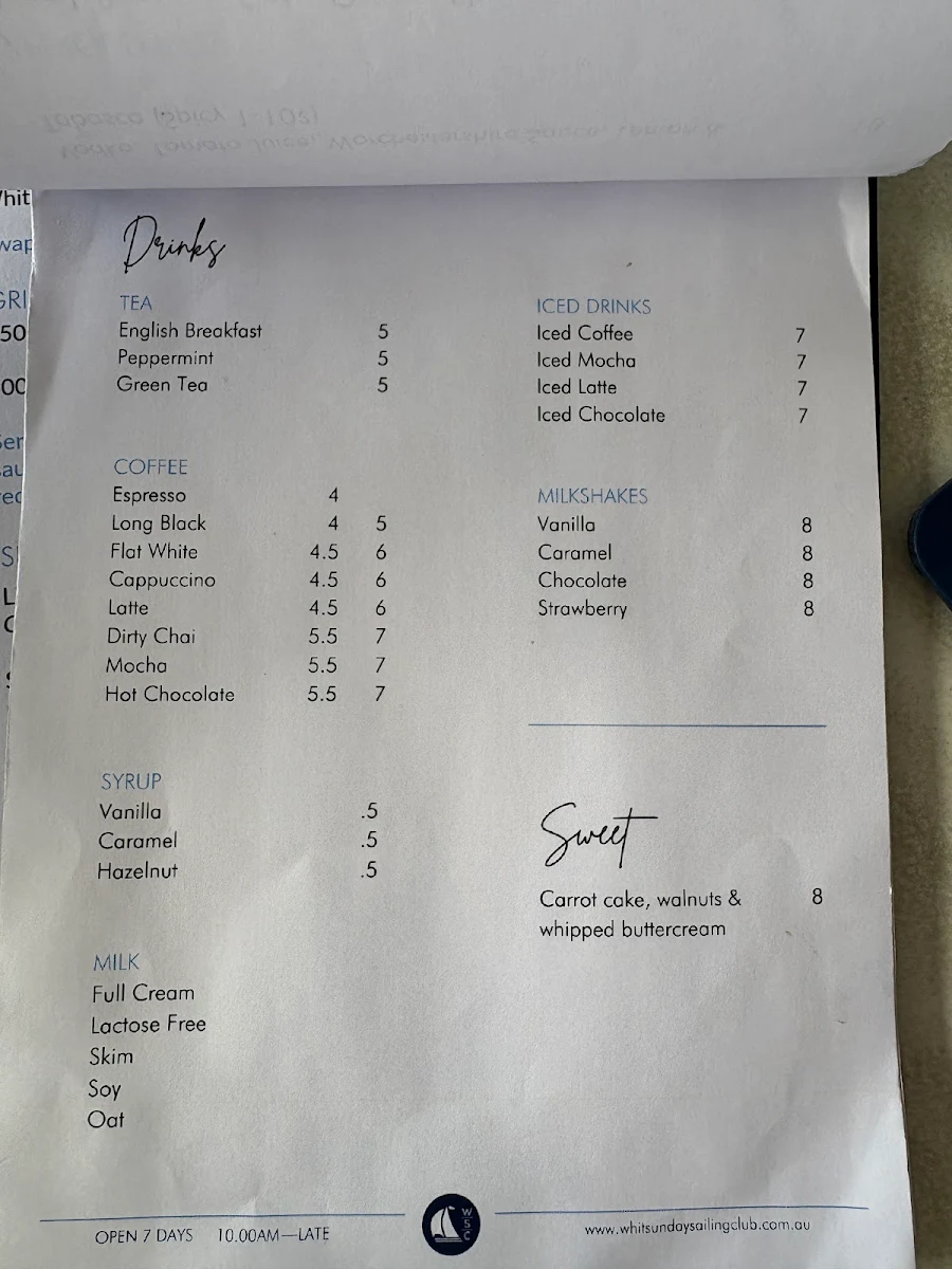 Menu, Whitsunday Sailing Club