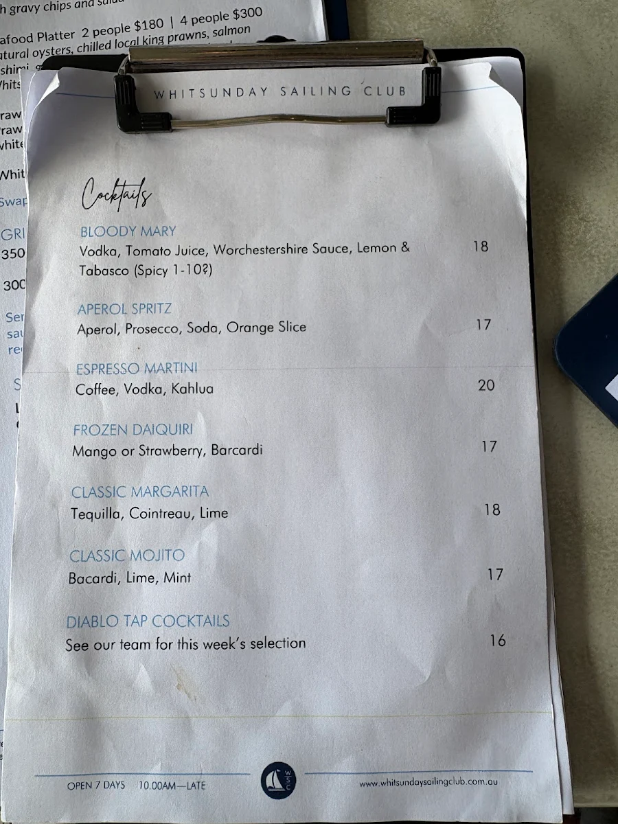 Menu, Whitsunday Sailing Club