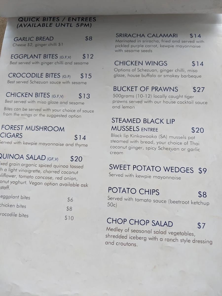 Menu, Whitsunday Sailing Club