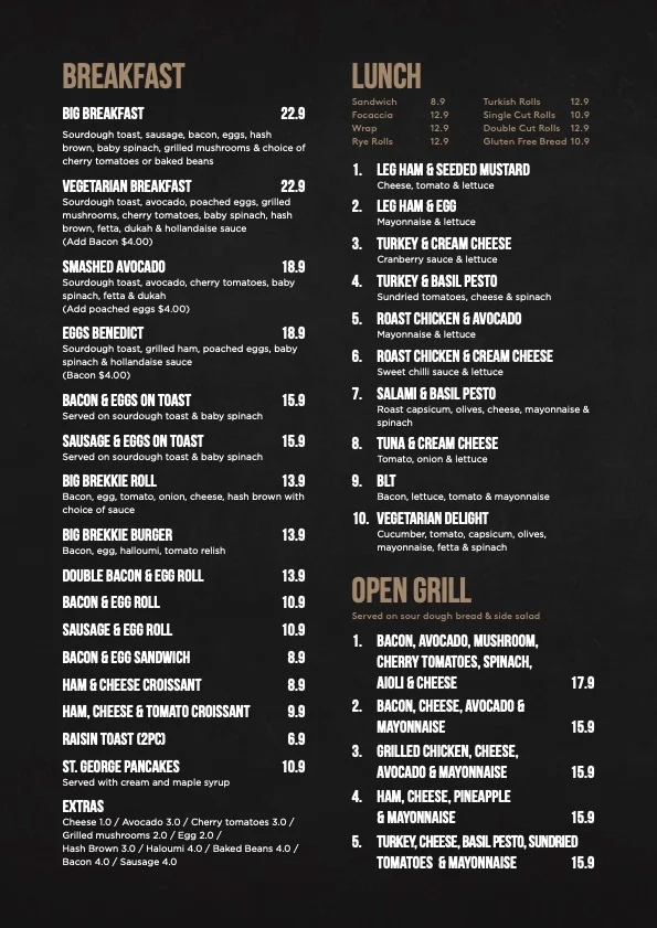 Menu, St Georges Bakehouse